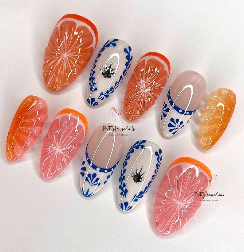 NumberSea - Special Summer Press On Nails, Fruit Lover Nails Set, Crystal Color Nails Art, Custom Juicy Orange Fresh Look False Nails for Summer Holiday