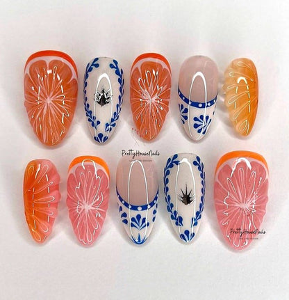 NumberSea - Special Summer Press On Nails, Fruit Lover Nails Set, Crystal Color Nails Art, Custom Juicy Orange Fresh Look False Nails for Summer Holiday