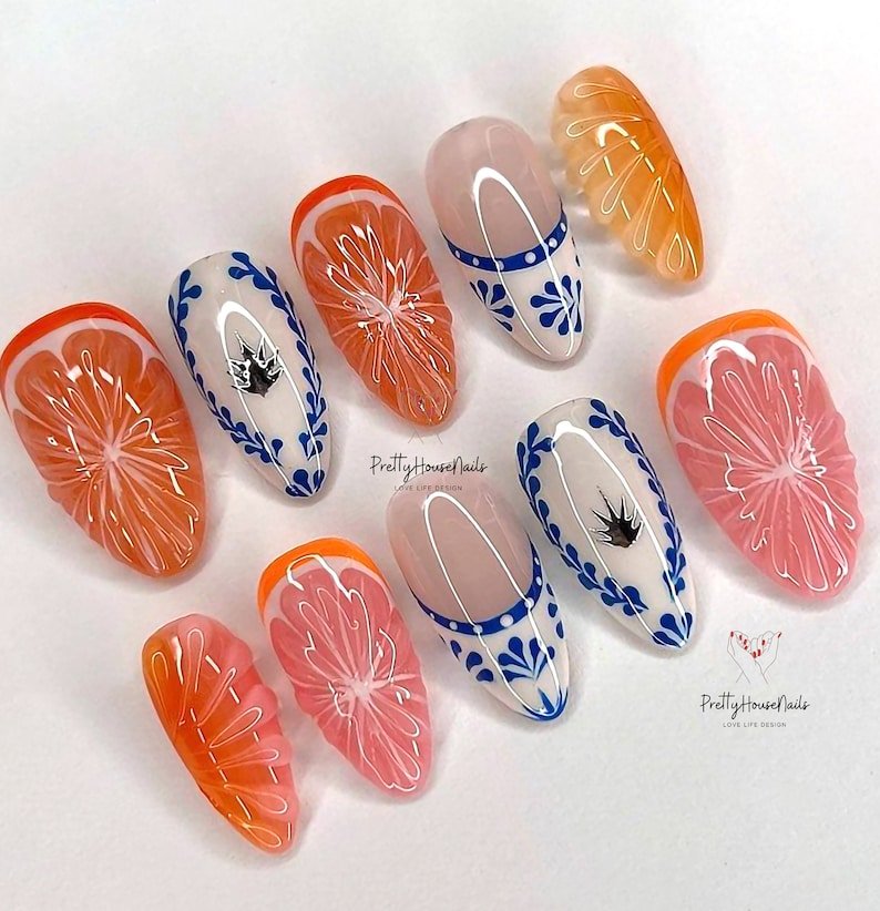 NumberSea - Special Summer Press On Nails, Fruit Lover Nails Set, Crystal Color Nails Art, Custom Juicy Orange Fresh Look False Nails for Summer Holiday