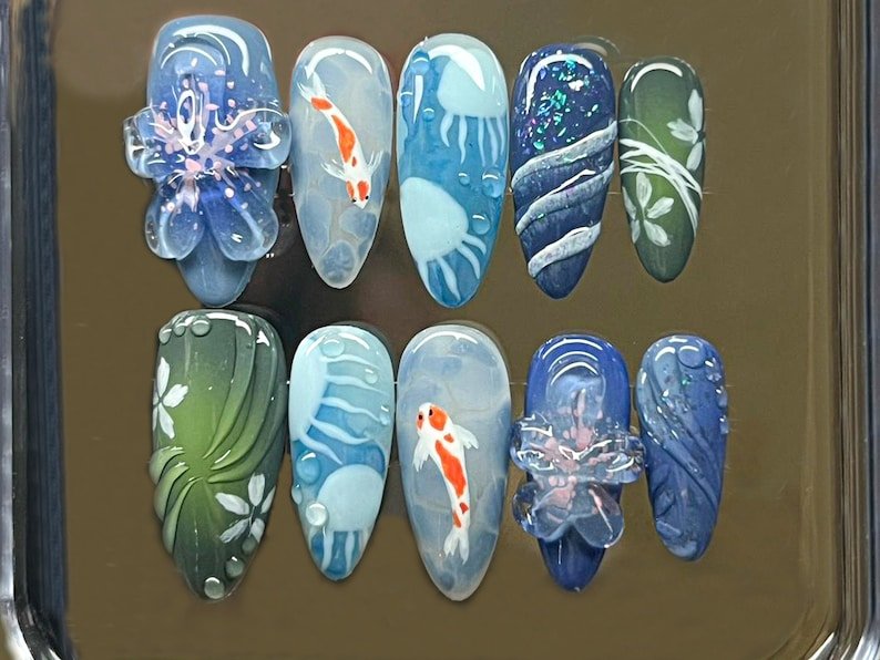 NumberSea - Ocean - Inspired Press On Nails with 3D Oceanic | y2k nails | Ocean Nails | Fake Nails | Y2k Inspired Nail Art | summer press on nails| HD185T