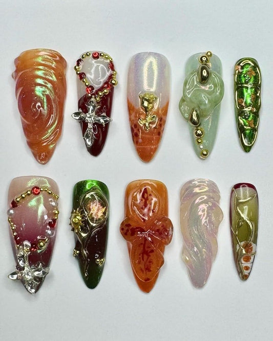 NumberSea - Honey Flower Long Almond Press On Nails, 3D Fairycore Nails, Dreamy Nails. Nail For Event/Birthday/Party/Photoshoot, Fake/False Nail Art