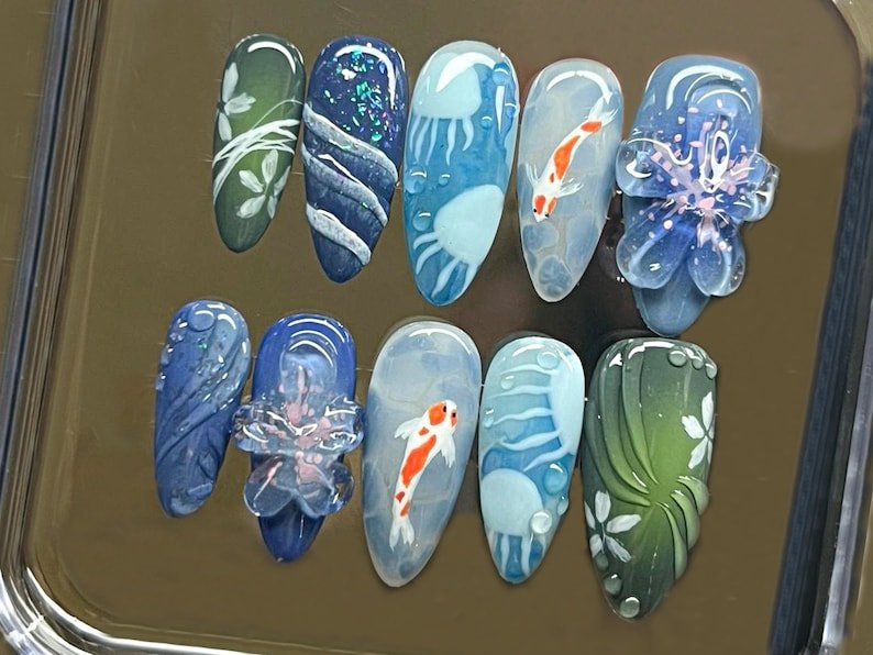 NumberSea - Ocean - Inspired Press On Nails with 3D Oceanic | y2k nails | Ocean Nails | Fake Nails | Y2k Inspired Nail Art | summer press on nails| HD185T