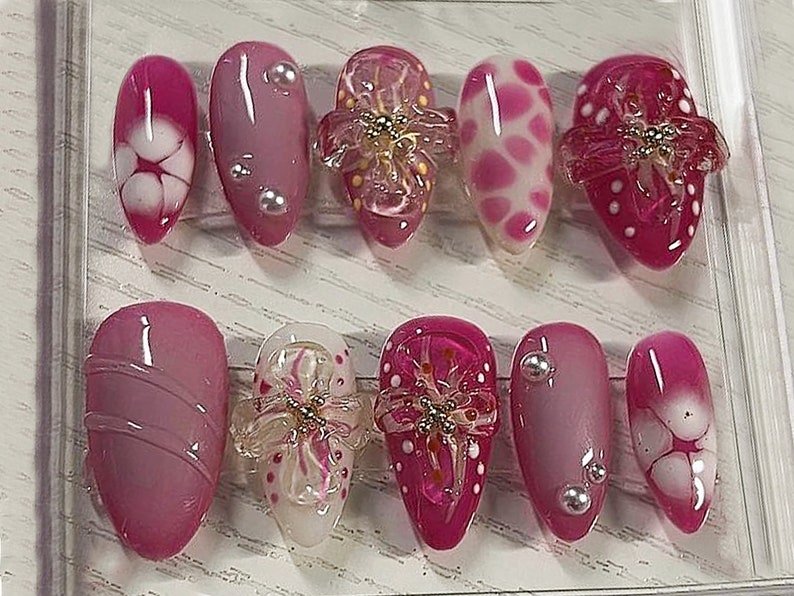 NumberSea - Fairy Tale Flowers Press On Nails | Freestyle Pink Garden Almond Nails | Dreamy Nail Art in Fake Nails | owner: baddiebabanails_ | HB292A