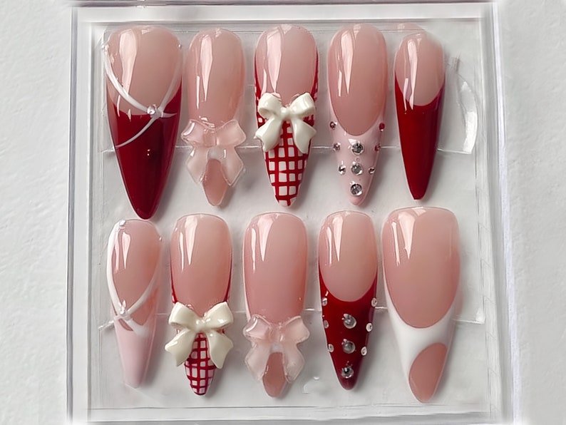 NumberSea - Elegant Pink Press On Nails | Nail Set With Gentle Designs | Cute Bow Nail Art | Adorable 3D Raised Art | HC258S