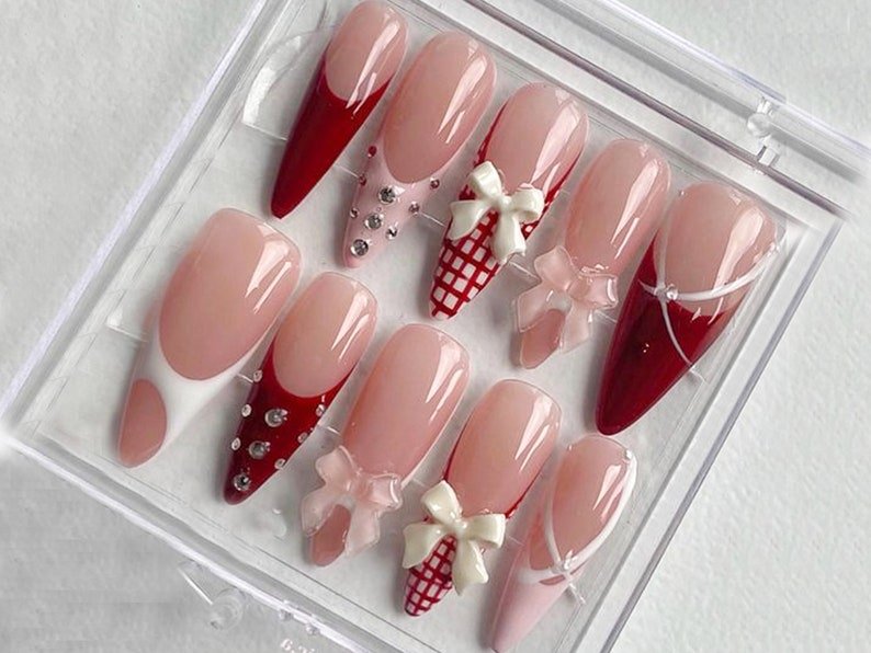 NumberSea - Elegant Pink Press On Nails | Nail Set With Gentle Designs | Cute Bow Nail Art | Adorable 3D Raised Art | HC258S