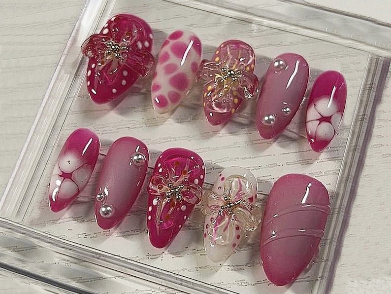 NumberSea - Fairy Tale Flowers Press On Nails | Freestyle Pink Garden Almond Nails | Dreamy Nail Art in Fake Nails | owner: baddiebabanails_ | HB292A