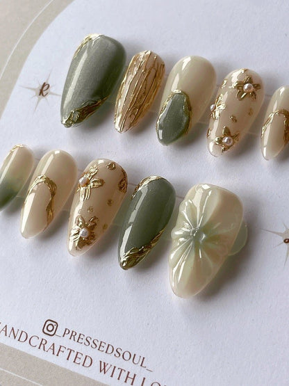 NumberSea - MIDORI | Gold Floral Nail Art Press On Nails | Jade Magnetic Nails | 3D Gel Nail Art | Gold Accent Nails | Cat Eye Nails