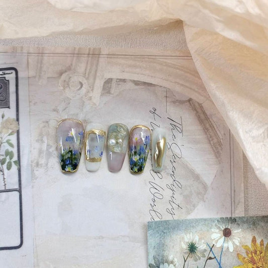 NumberSea - Oil painting flower sea nails,Hand painted wear nails,French vintage court nails,Exquisite gorgeous nails,Elegant princess nail,Gift for her