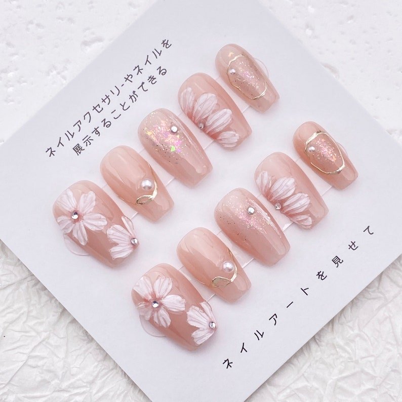 NumberSea - Simple Flower Nail Art/Cute Medium Acrylic Nail/Handmade Press on Nails/Light Pink Valentines Nail/Spring Easy Floral Nail Design