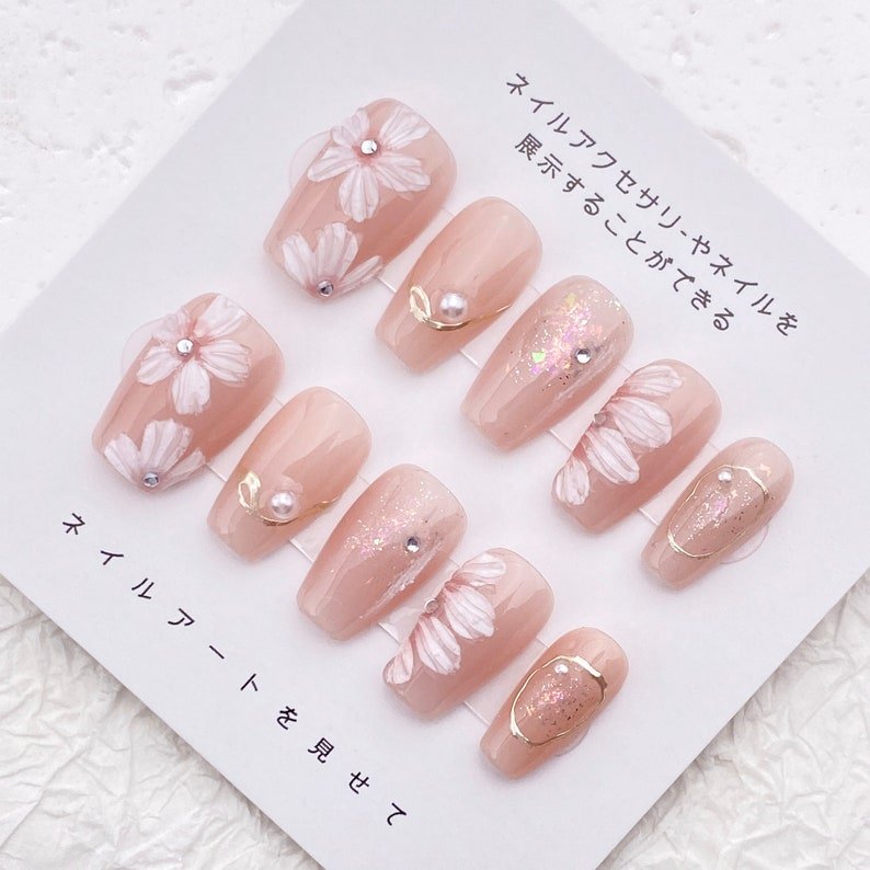 NumberSea - Simple Flower Nail Art/Cute Medium Acrylic Nail/Handmade Press on Nails/Light Pink Valentines Nail/Spring Easy Floral Nail Design