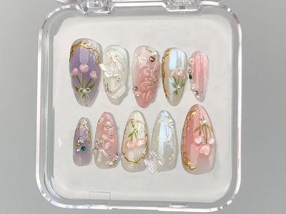 NumberSea - Dreamy Press On Nails Almond | Jelly Pastel Tulip Nail Art | 3D FairyCore Flower Press Ons | Romantic Nail Art in Fake Nails | HB347N