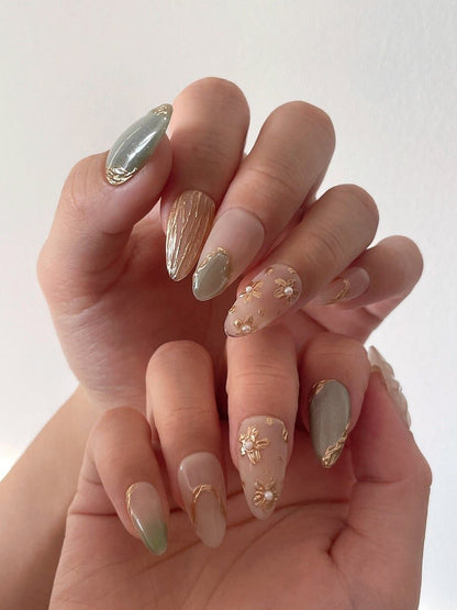 NumberSea - MIDORI | Gold Floral Nail Art Press On Nails | Jade Magnetic Nails | 3D Gel Nail Art | Gold Accent Nails | Cat Eye Nails