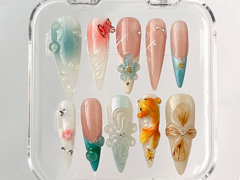 NumberSea - 3D Orchard Floral Press On Nails Long Almond | Flowers Custom Hanpainted Nail Art | Fairy Tale Inspired Fake Nails | Fairycore Nails| HB326A