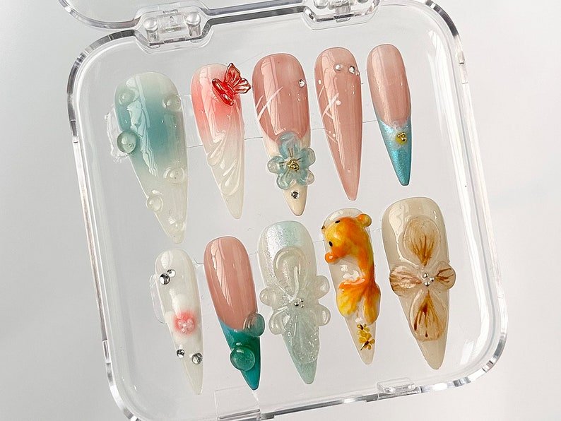 NumberSea - 3D Orchard Floral Press On Nails Long Almond | Flowers Custom Hanpainted Nail Art | Fairy Tale Inspired Fake Nails | Fairycore Nails| HB326A