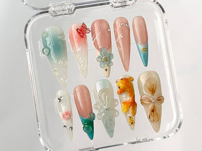 NumberSea - 3D Orchard Floral Press On Nails Long Almond | Flowers Custom Hanpainted Nail Art | Fairy Tale Inspired Fake Nails | Fairycore Nails| HB326A