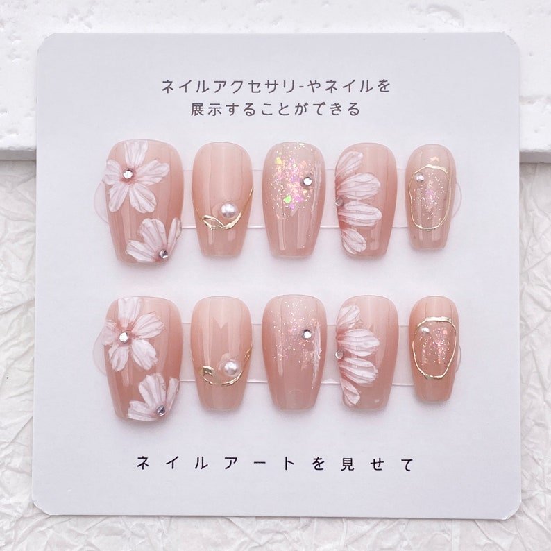 NumberSea - Simple Flower Nail Art/Cute Medium Acrylic Nail/Handmade Press on Nails/Light Pink Valentines Nail/Spring Easy Floral Nail Design