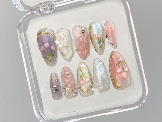 NumberSea - Dreamy Press On Nails Almond | Jelly Pastel Tulip Nail Art | 3D FairyCore Flower Press Ons | Romantic Nail Art in Fake Nails | HB347N