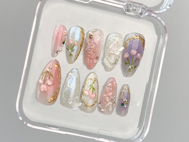 NumberSea - Dreamy Press On Nails Almond | Jelly Pastel Tulip Nail Art | 3D FairyCore Flower Press Ons | Romantic Nail Art in Fake Nails | HB347N