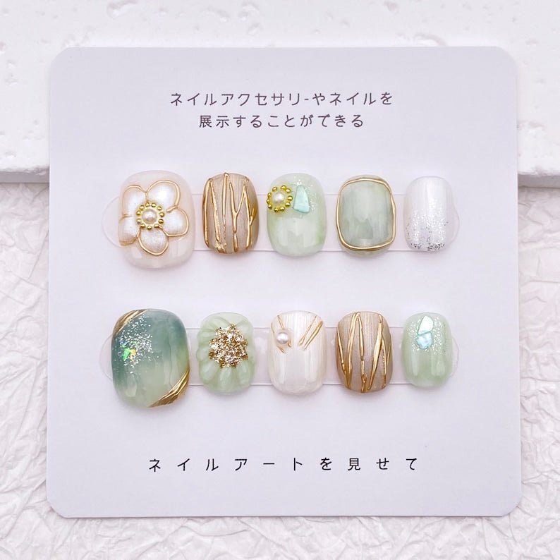 NumberSea - Simple Flower Nail Art/Spring Light Green Nail/Cute Short Nail/Handmade Press on Nail/Easy Floral Nail/Wedding Nails Bridesmaids