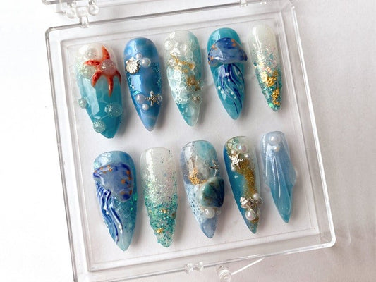 NumberSea - Blue Ocean - Inspired Press On Nails | Cute Jellyfish Designs | Adorable Marine Press On Nails | Almond Nails | Blue Sea Design | HB370SL