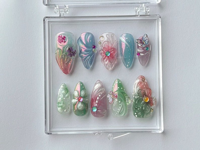 NumberSea - Spring Garden Press On Nails | Pearl beads and Butterfly Nail Art | press on nails almond | flower nails | Nail Charms |Press Ons |HB405TC