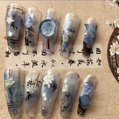 NumberSea - Plum blossom Blue Fan Press On Nails|Flower Petal Nails|3D stickers Art Design Reusable Nails|Charm Fake Nails|Chinese Premium Nails