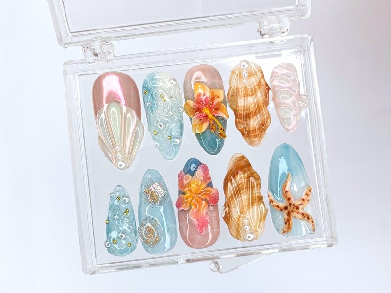 NumberSea - Tropical Beach 3D Press On Nails | Ocean - Inspired Designs with Flowers, Seashells, and Starfish | Handmade Press On Nails | HB421SL