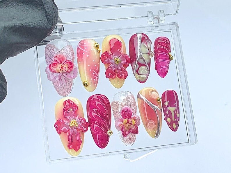 NumberSea - Blooming Flowers Press On Nails | 3D Chrome Flowers Acrylic Nails | Stunning Floral False Nails Press On| Spring Summer Nail Art | HB423YL