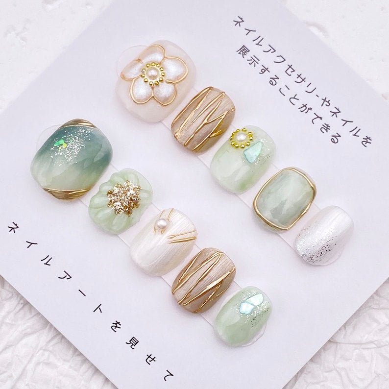 NumberSea - Simple Flower Nail Art/Spring Light Green Nail/Cute Short Nail/Handmade Press on Nail/Easy Floral Nail/Wedding Nails Bridesmaids