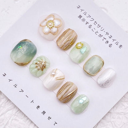 NumberSea - Simple Flower Nail Art/Spring Light Green Nail/Cute Short Nail/Handmade Press on Nail/Easy Floral Nail/Wedding Nails Bridesmaids