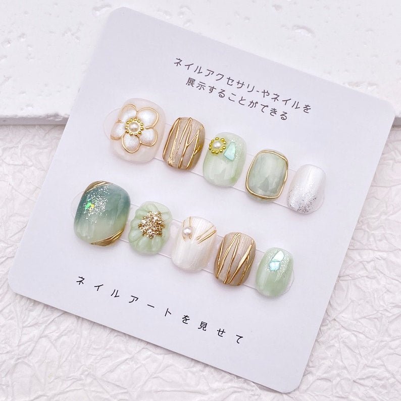 NumberSea - Simple Flower Nail Art/Spring Light Green Nail/Cute Short Nail/Handmade Press on Nail/Easy Floral Nail/Wedding Nails Bridesmaids