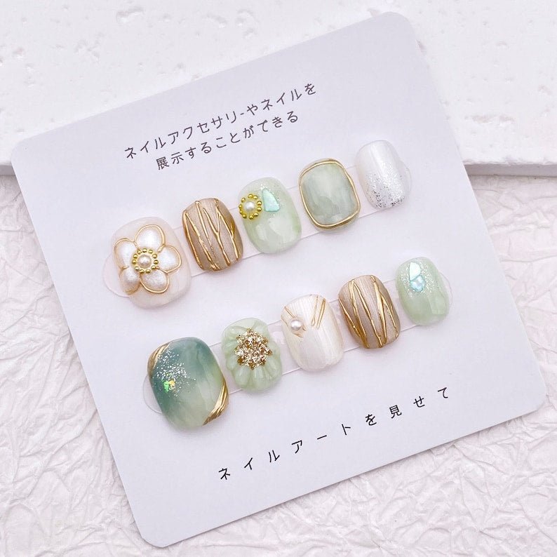 NumberSea - Simple Flower Nail Art/Spring Light Green Nail/Cute Short Nail/Handmade Press on Nail/Easy Floral Nail/Wedding Nails Bridesmaids