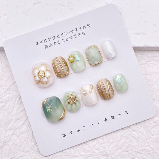 NumberSea - Simple Flower Nail Art/Spring Light Green Nail/Cute Short Nail/Handmade Press on Nail/Easy Floral Nail/Wedding Nails Bridesmaids