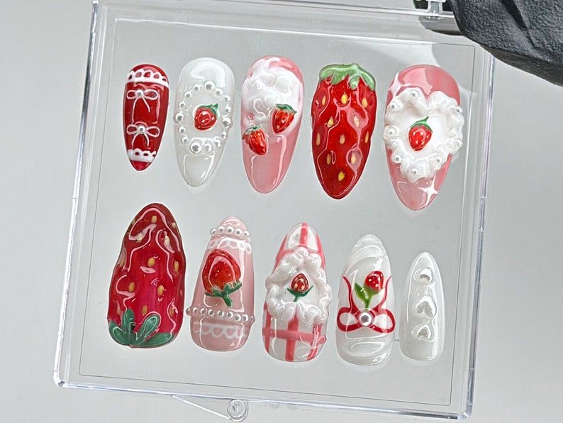 NumberSea - Dreamy Pink Press On Nails | Nail Set With Strawberry Design Fake nails| Adorable 3D Cream Nail Art | Nail Charms | Pink press ons | HB437TL