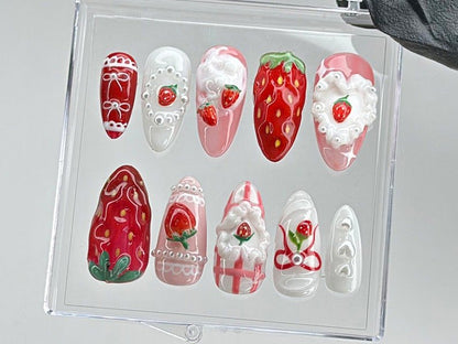 NumberSea - Dreamy Pink Press On Nails | Nail Set With Strawberry Design Fake nails| Adorable 3D Cream Nail Art | Nail Charms | Pink press ons | HB437TL