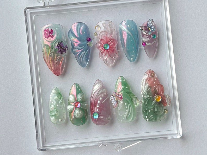 NumberSea - Spring Garden Press On Nails | Pearl beads and Butterfly Nail Art | press on nails almond | flower nails | Nail Charms |Press Ons |HB405TC