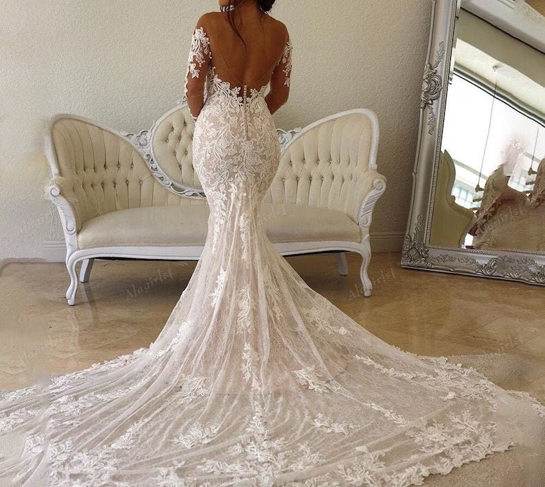 NumberSea - NumberSea Ivory Mermaid Wedding Gown with Long Train/Black Lace Backless Dress with Long Sleeves/Wedding Reception Dress/Princess Photoshoot Dress