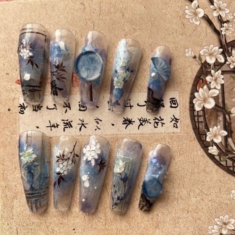 NumberSea - Plum blossom Blue Fan Press On Nails|Flower Petal Nails|3D stickers Art Design Reusable Nails|Charm Fake Nails|Chinese Premium Nails