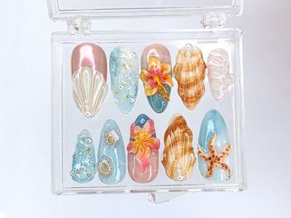 NumberSea - Tropical Beach 3D Press On Nails | Ocean - Inspired Designs with Flowers, Seashells, and Starfish | Handmade Press On Nails | HB421SL