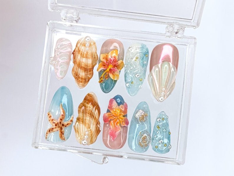 NumberSea - Tropical Beach 3D Press On Nails | Ocean - Inspired Designs with Flowers, Seashells, and Starfish | Handmade Press On Nails | HB421SL