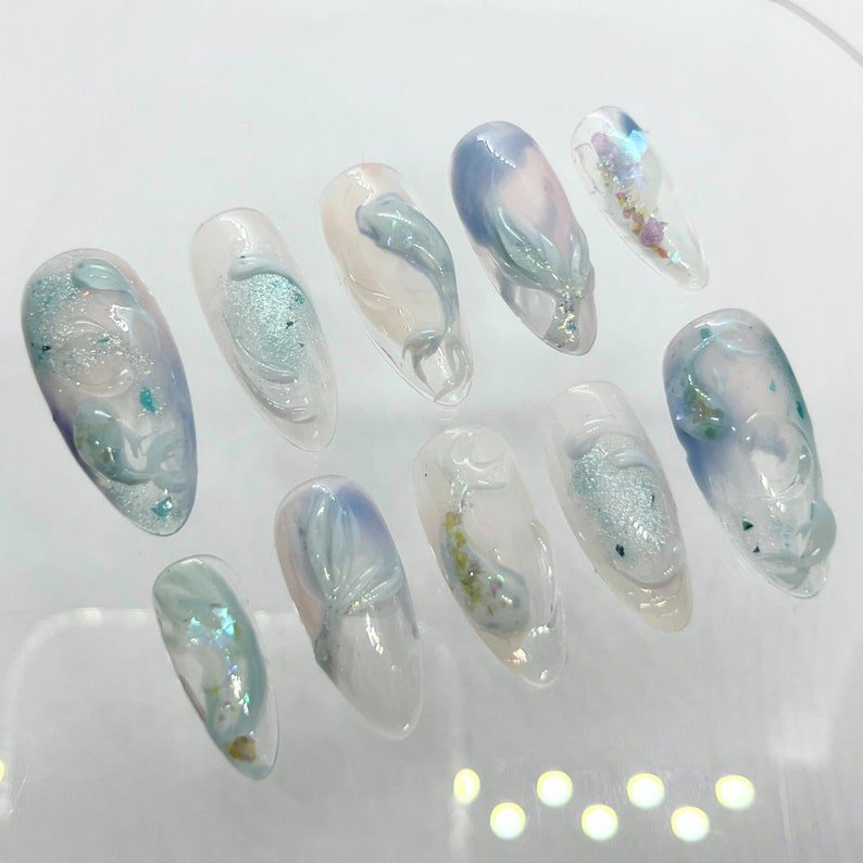 NumberSea - freehand 3d koi fish mermaid glitter medium almond handmade custom press on nails design jelly watercolor hainpainted swirl sculpted seafoam