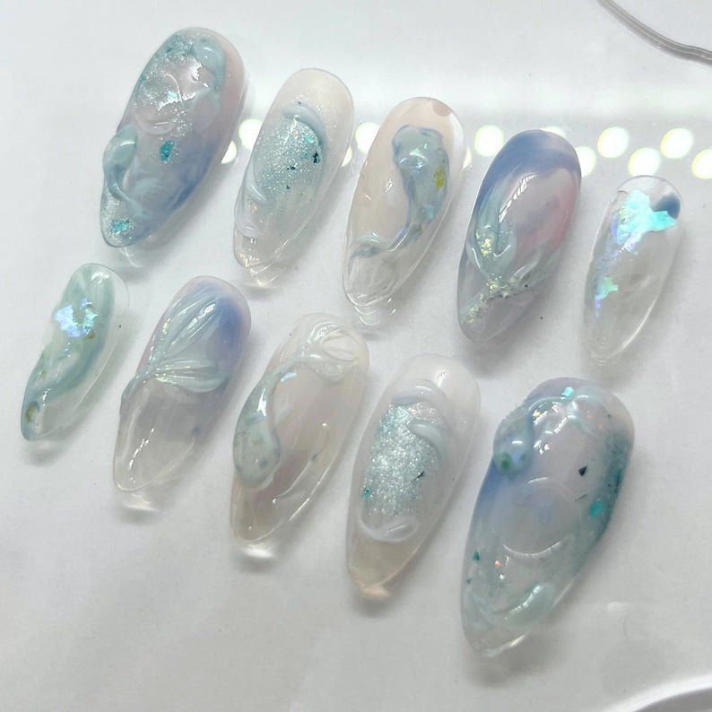 NumberSea - freehand 3d koi fish mermaid glitter medium almond handmade custom press on nails design jelly watercolor hainpainted swirl sculpted seafoam