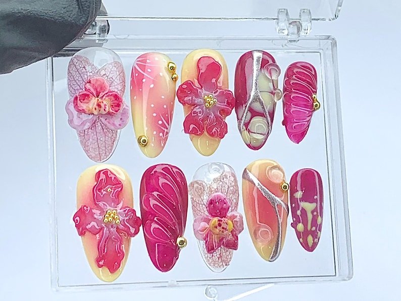 NumberSea - Blooming Flowers Press On Nails | 3D Chrome Flowers Acrylic Nails | Stunning Floral False Nails Press On| Spring Summer Nail Art | HB423YL