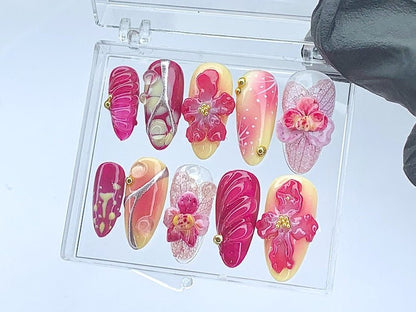 NumberSea - Blooming Flowers Press On Nails | 3D Chrome Flowers Acrylic Nails | Stunning Floral False Nails Press On| Spring Summer Nail Art | HB423YL