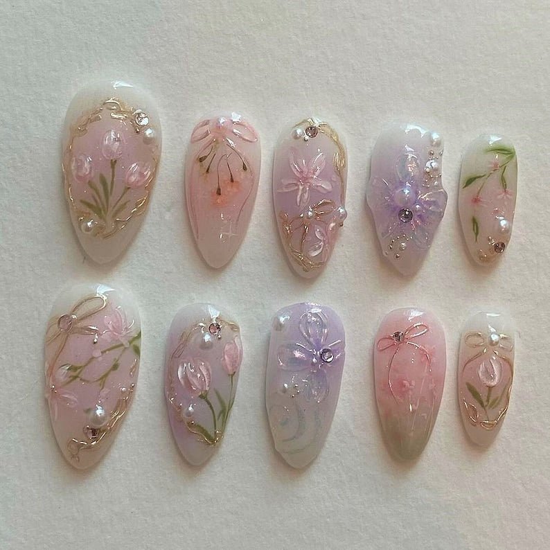 NumberSea - Wedding nails ,Flower Nails hand painted nail,custom press on nails,3D Nails,Tulips Nails,Acrylic Nails ,Fake nails,Nail Art,Floral Nails