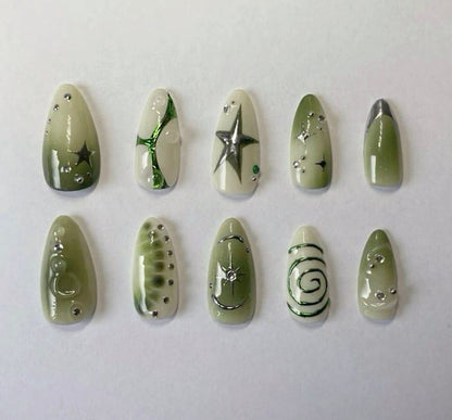 NumberSea - chrome green star nail/ custom press on nails/ hand made Press on Nails/Faux Acrylic Nails/ Gel Nails/Press on Nails