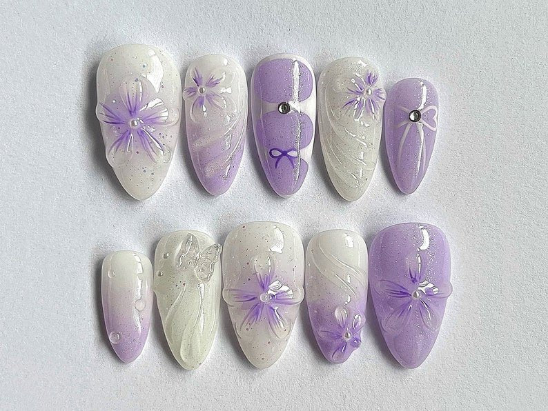 NumberSea - Lavender Floral Press On Nails | Purple Ombre Nail Set | Dreamy Hand - painted 3D Flower Fairycore Nail Art | Perfect for Weddings | JC401A