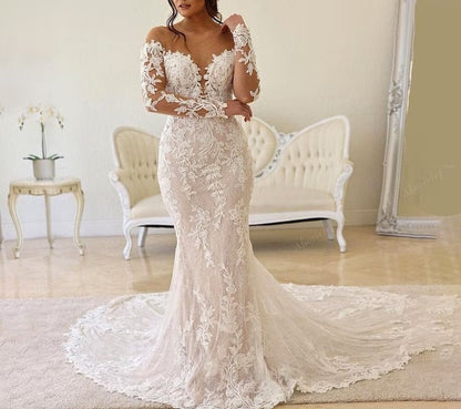 NumberSea - NumberSea Ivory Mermaid Wedding Gown with Long Train/Black Lace Backless Dress with Long Sleeves/Wedding Reception Dress/Princess Photoshoot Dress