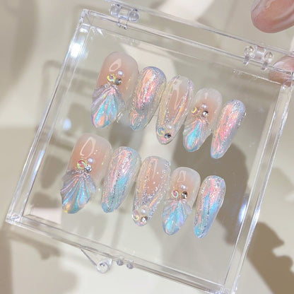 NumberSea - Mermaid Aura Blue Press on nails short almond nails/Shell nails/3D Chrome nails/Gel Nails/Aura Nails/Water Ripples nails/Summer Nails