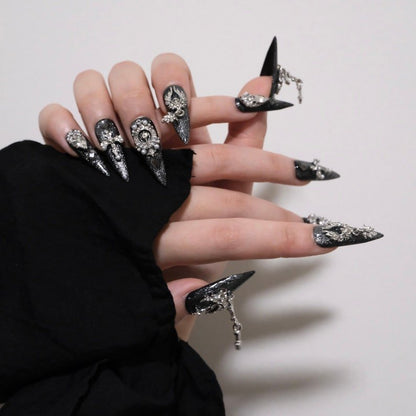 NumberSea - Custom Black Gothic Nails Cross Fake Nails Press on Nails Punk Nails ,Black Luxury nails - handmade goth Y2K nails - Noble woman nails gift